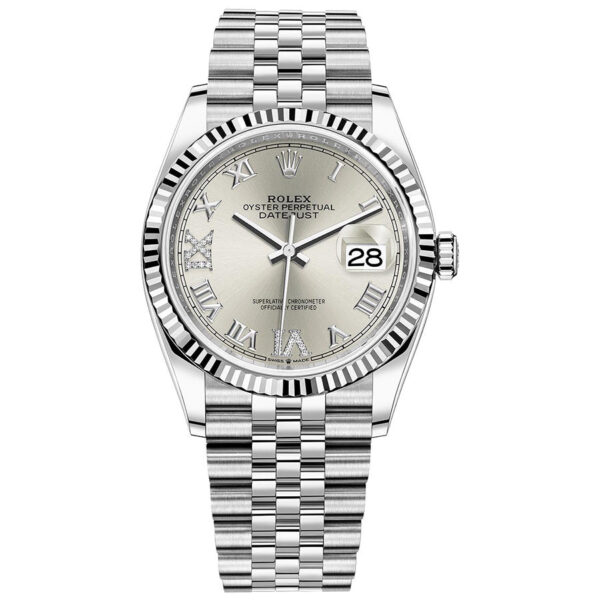126234_Silver_Roman_VI_IX_Jubilee.jpg Rolex Datejust 36mm Fluted Bezel Jubilee Bracelet Silver Diamond 6 and 9 Hour Marker Dial