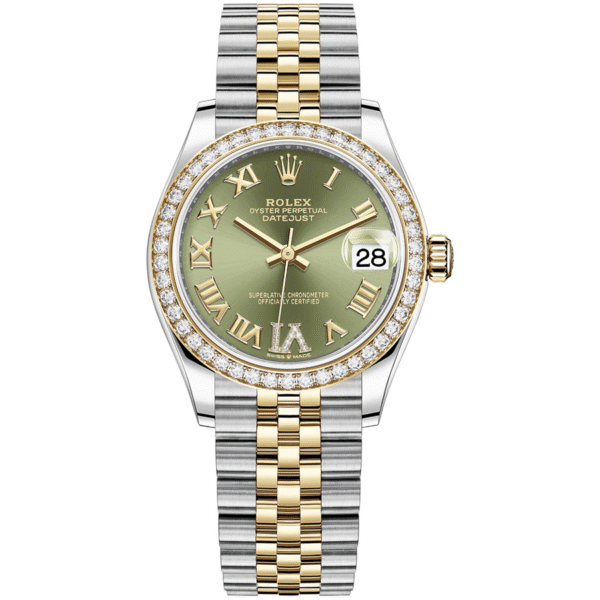 RolexDatejustOliveGreenDiamondRomanNumeralDialDiamondBezel31mm278383RBRJubilee.png Rolex Datejust Olive Green Diamond Numeral Diamond Bezel 31mm 278383